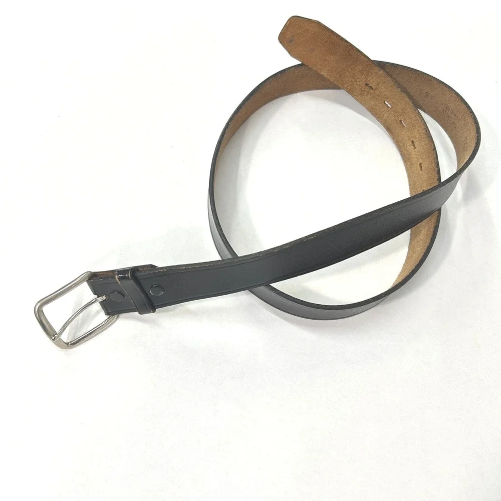 Men's Black Leather‎ Belt Size 36 Silver Buckle Top Grain Cowhide Quiet Luxury